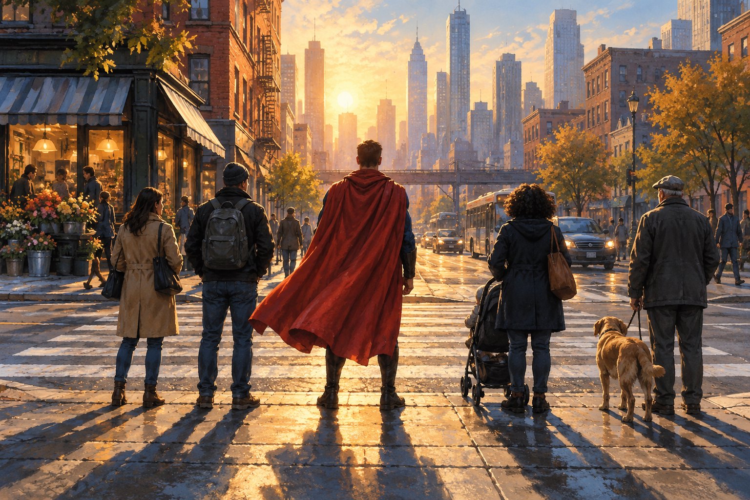 Conceptual illustration of a red-caped figure standing among pedestrians at a sunlit city crossing.