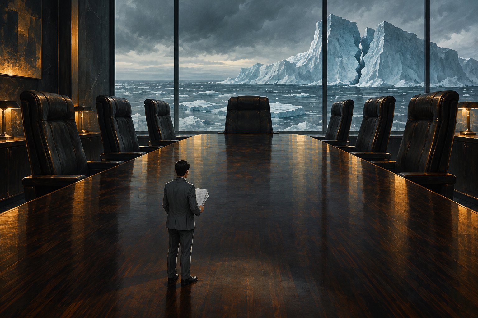 Conceptual illustration of a scientist dwarfed by a conference table and empty executive chairs, with fractured ice beyond the windows.