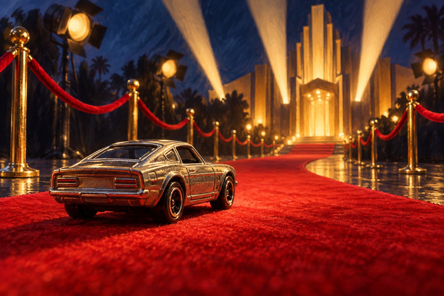 Concept illustration of a miniature car on a red carpet leading toward a cinema entrance under golden spotlights.