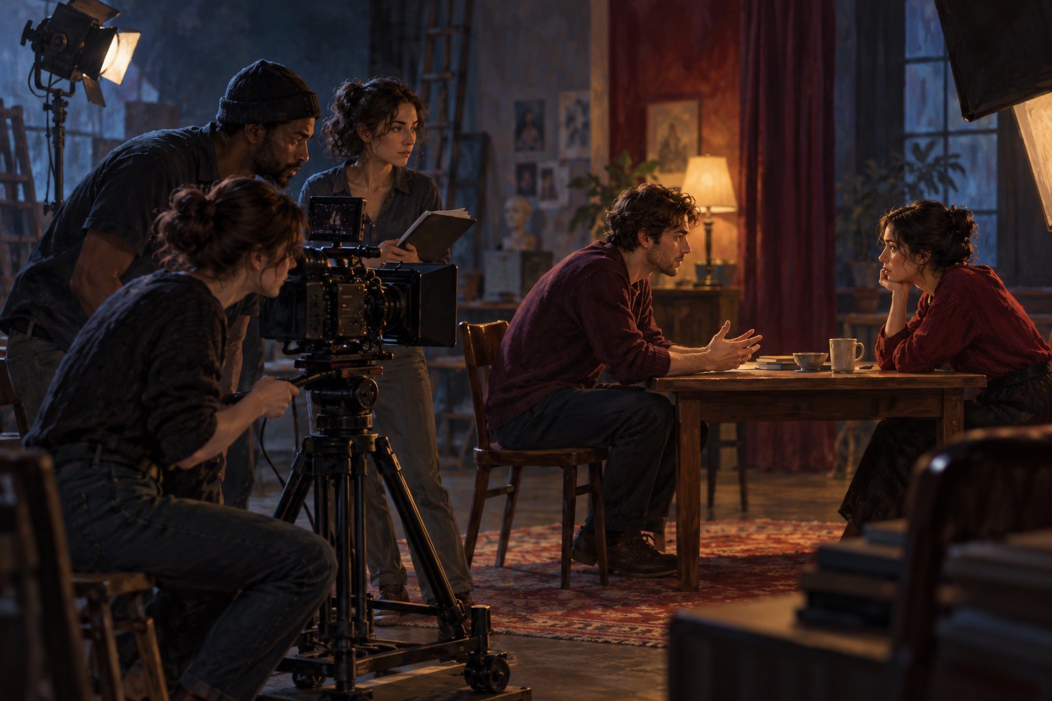 Editorial illustration of student filmmakers working with a cinema camera while two performers rehearse at a table.