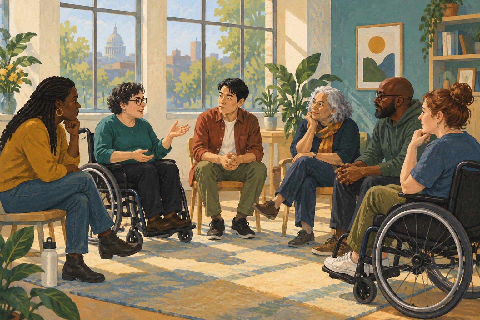 Conceptual illustration of six adults, including two wheelchair users, sharing a discussion in a sunlit community room.