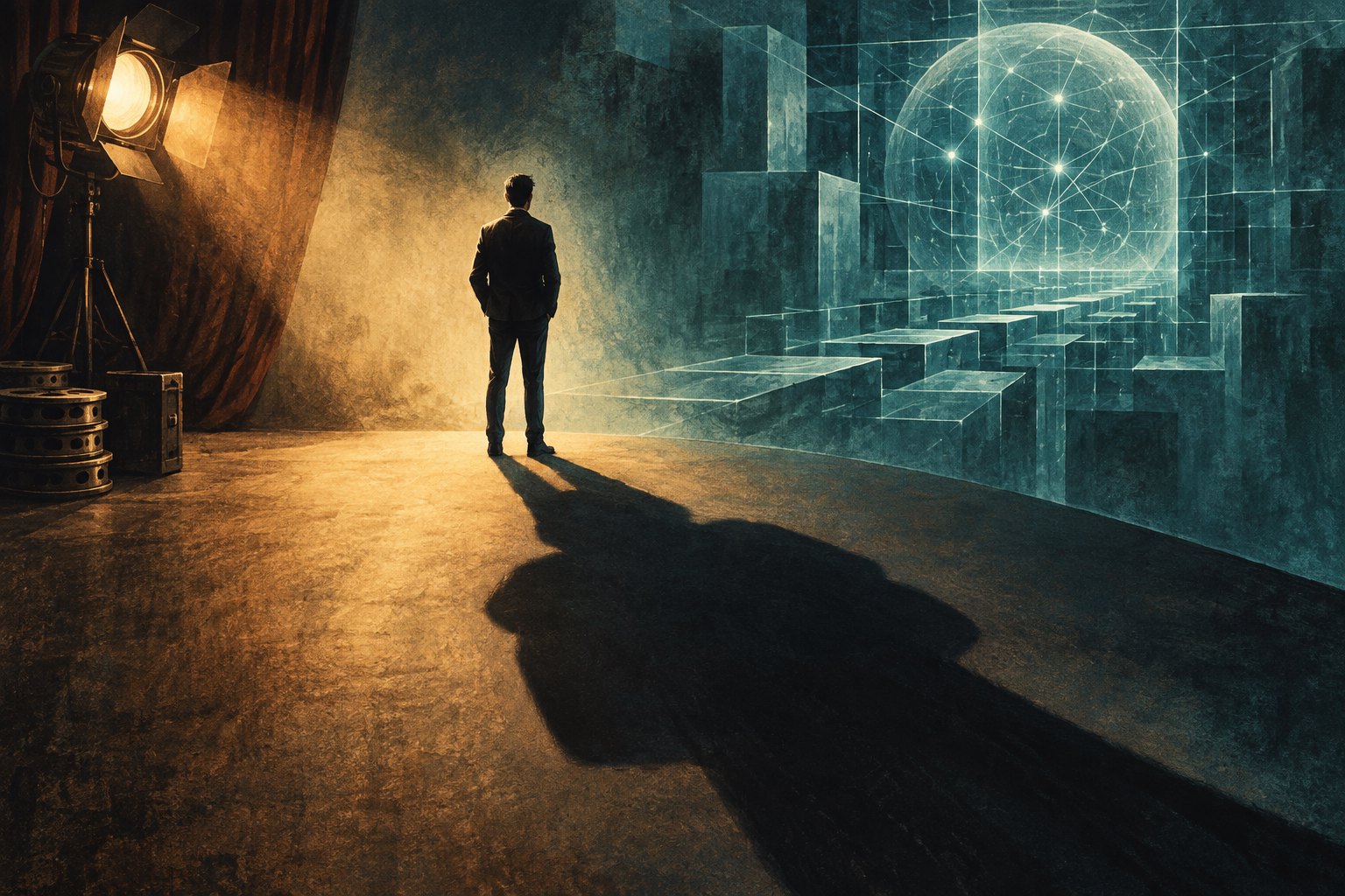 Conceptual illustration of a man casting a long shadow between a warm film spotlight and a luminous technological grid.