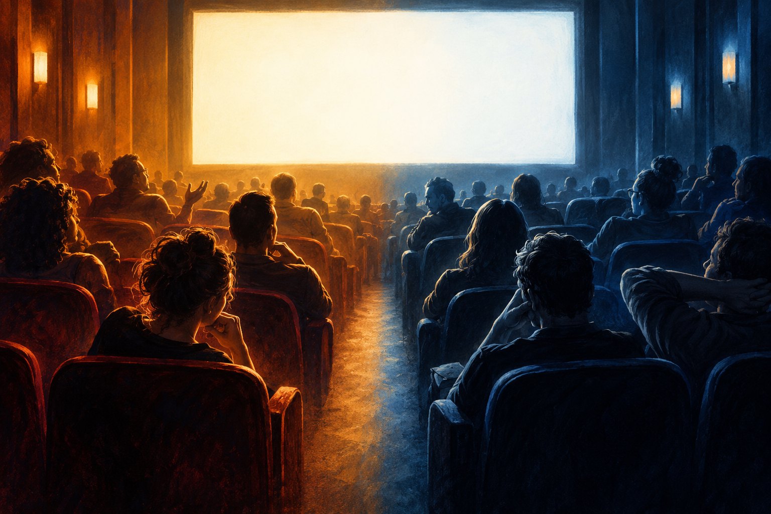 Conceptual illustration of a cinema audience divided between warm amber and cool blue light.