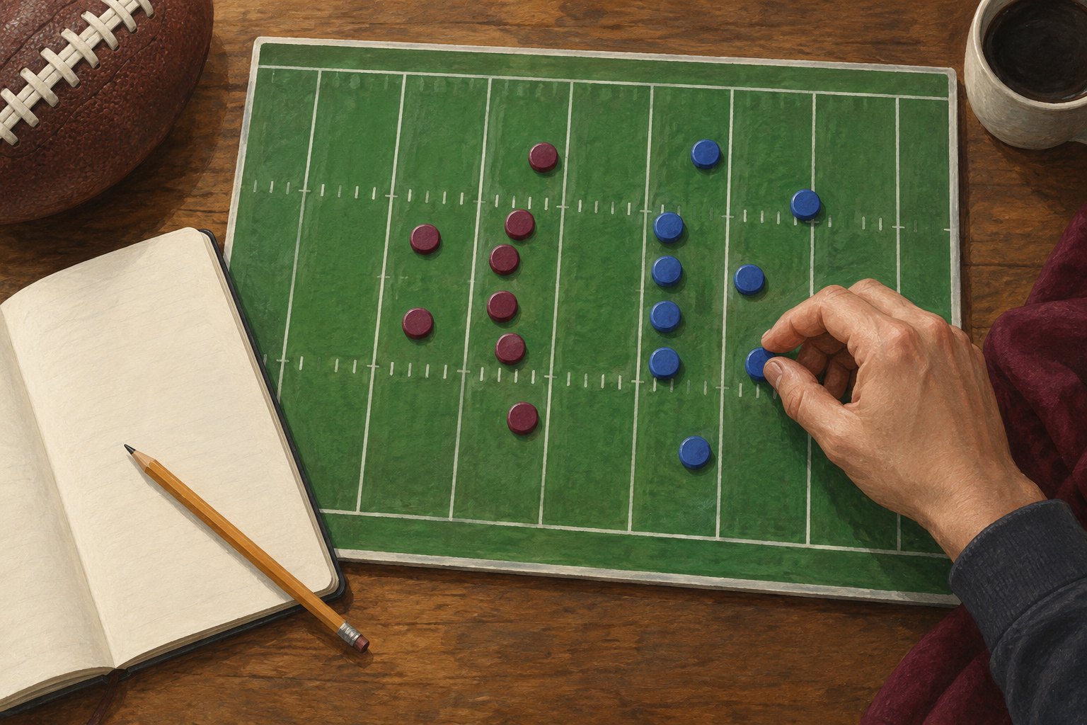 Conceptual overhead illustration of a hand moving a blue token on a football field board beside a blank notebook.