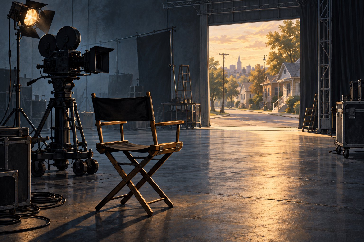 Conceptual illustration of an empty director’s chair and cinema camera in a soundstage overlooking a quiet residential street.