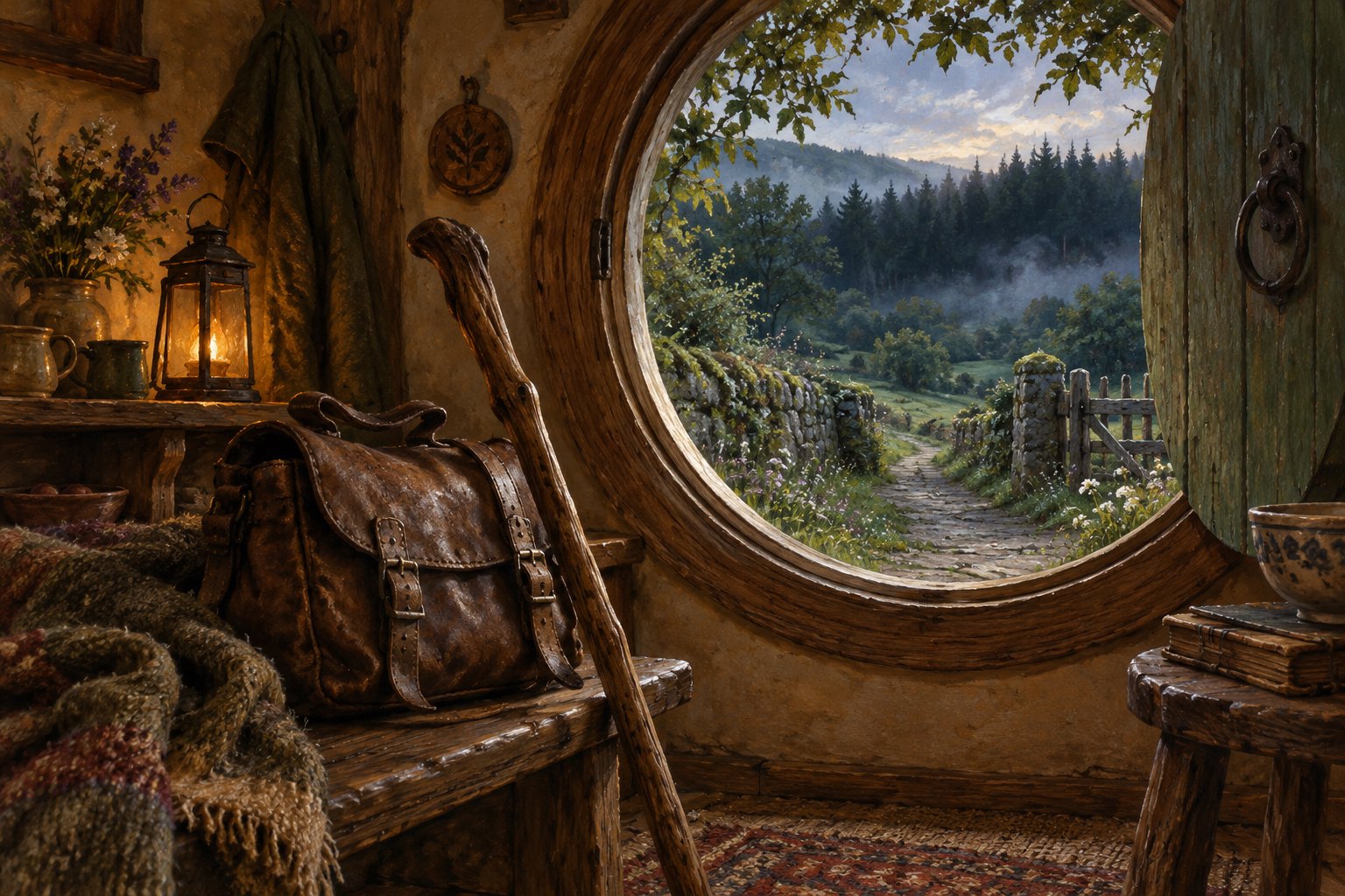 A worn leather satchel and wooden walking stick sit beside a round window overlooking a path toward distant woods.