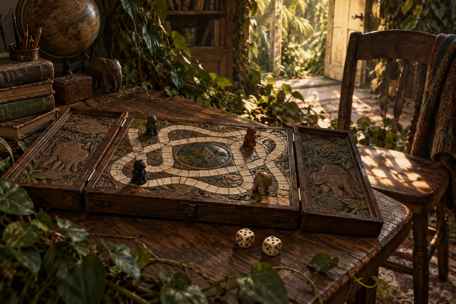 Concept illustration of a wooden board game and dice surrounded by jungle vines beside an empty chair.