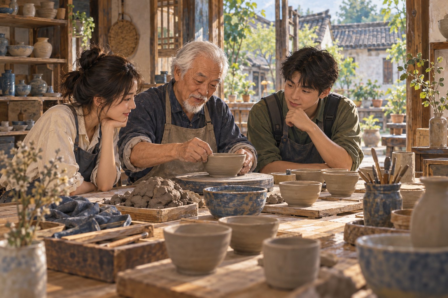 概念插画：地方陶艺工坊里，老师傅向两位旅行者示范陶碗制作