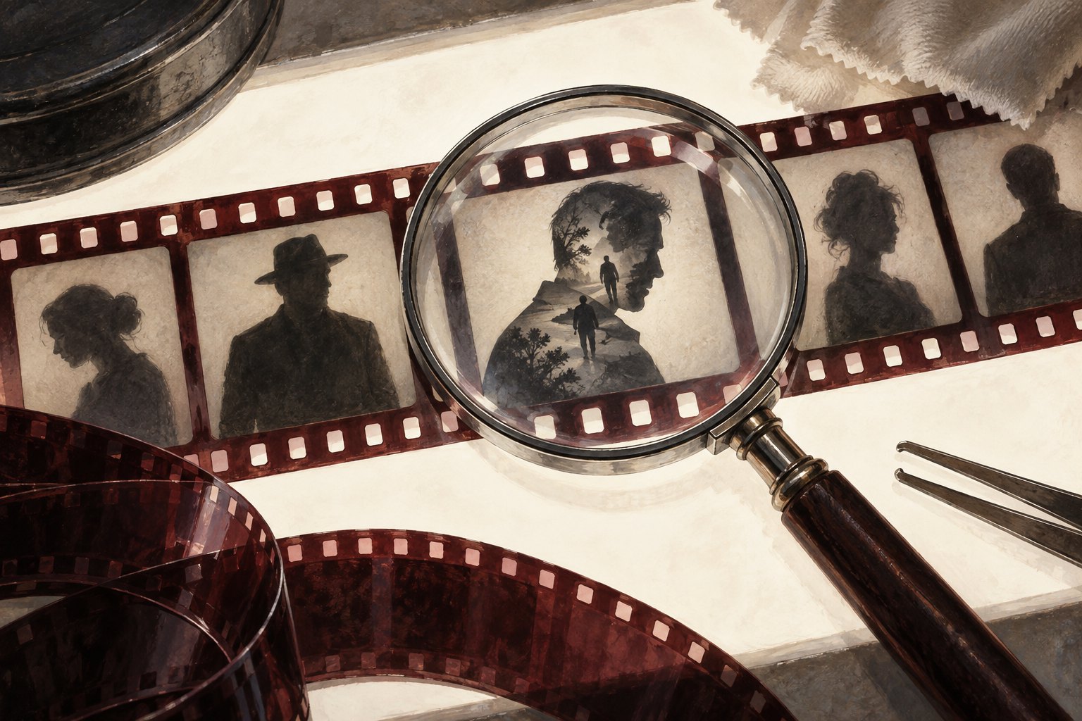 Conceptual illustration of a magnifying glass revealing layered human silhouettes within a strip of film.
