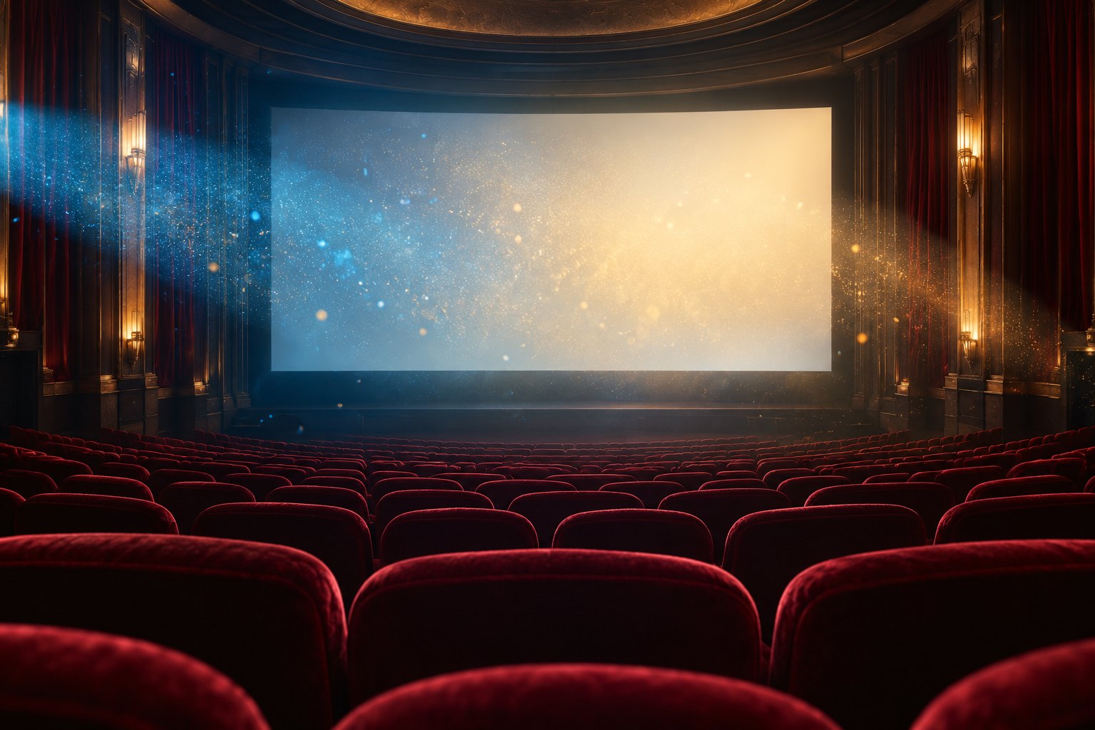 Conceptual illustration of an empty cinema with burgundy seats and blue and amber particles glowing before a blank screen.