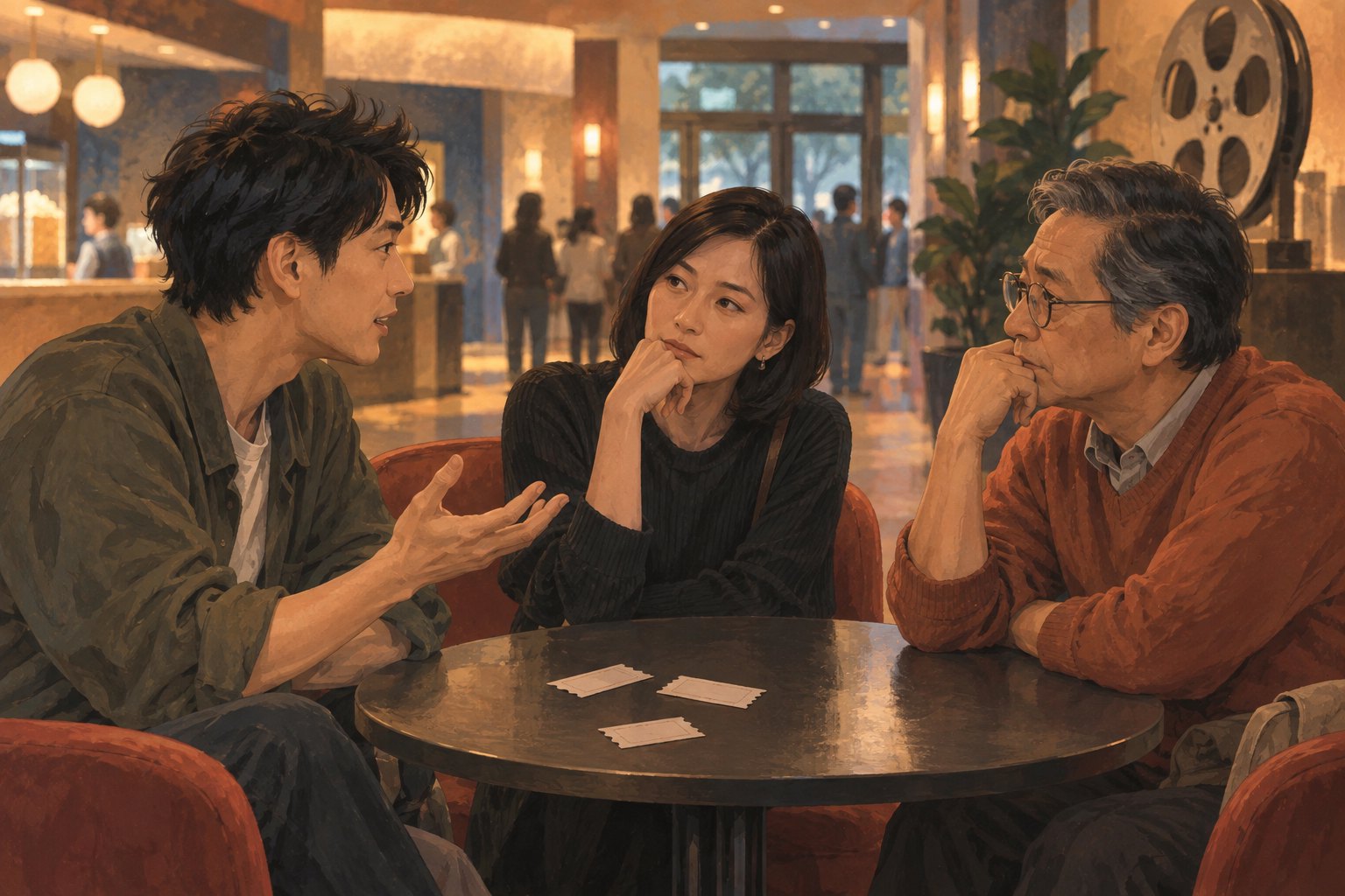 原創情境插畫:三名不同年齡的觀眾坐在戲院大廳,分享觀影感受並聆聽彼此