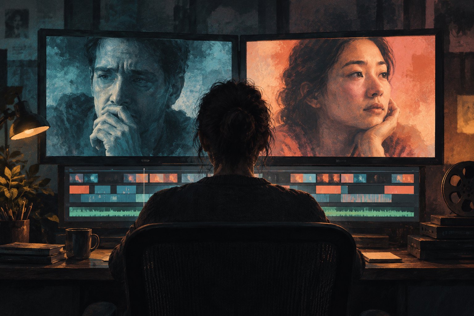 Conceptual illustration of a film editor studying two characters’ faces on adjacent screens.