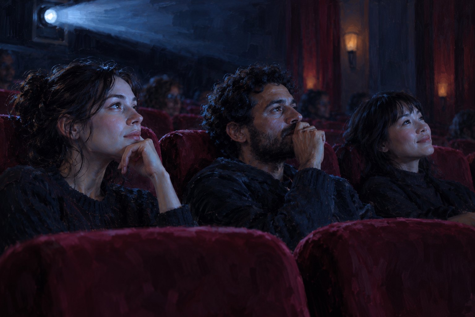 Conceptual illustration of three attentive viewers in burgundy cinema seats beneath a projector beam.
