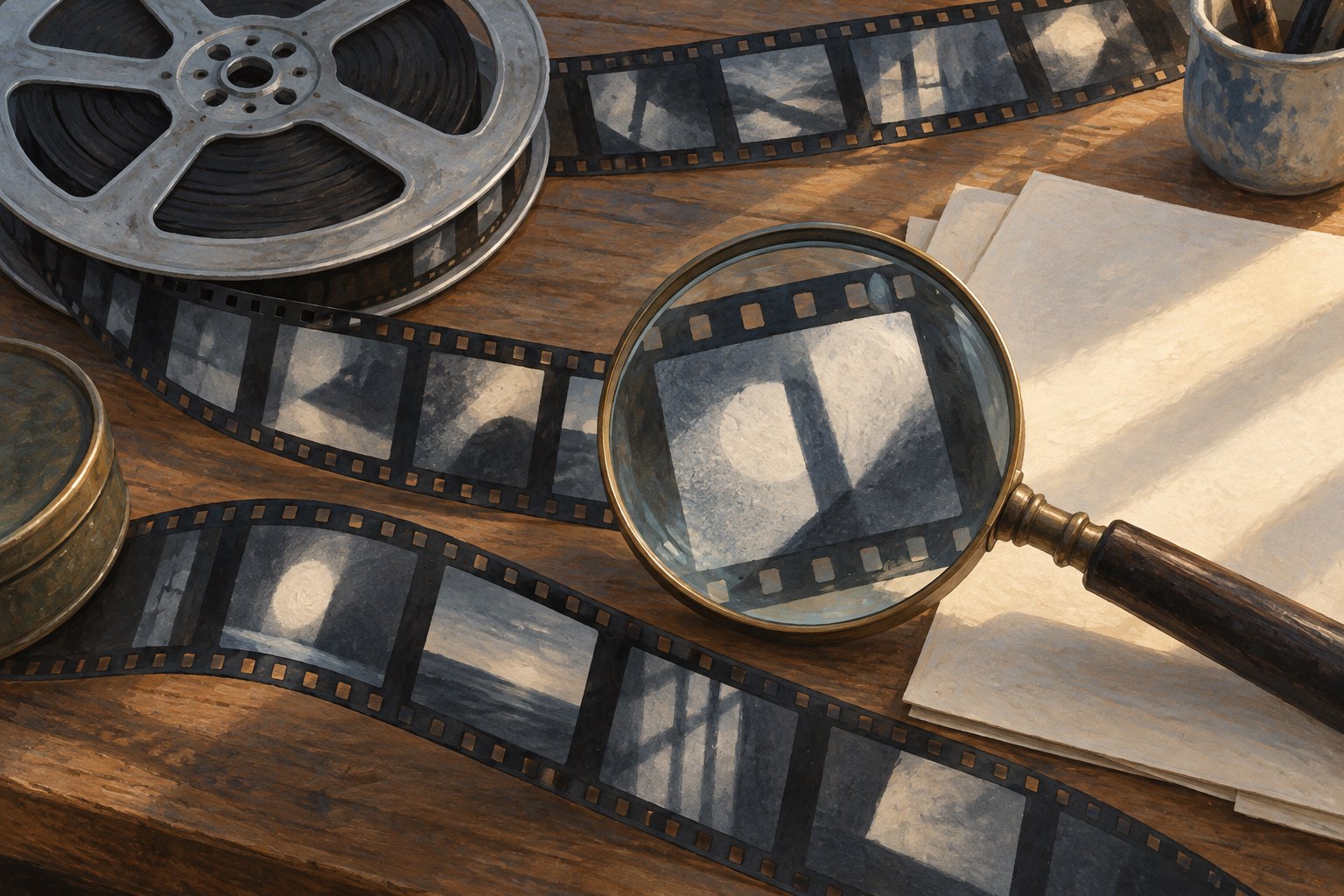 Conceptual illustration of a magnifying glass over film strips beside a metal reel and blank papers on an editing table.
