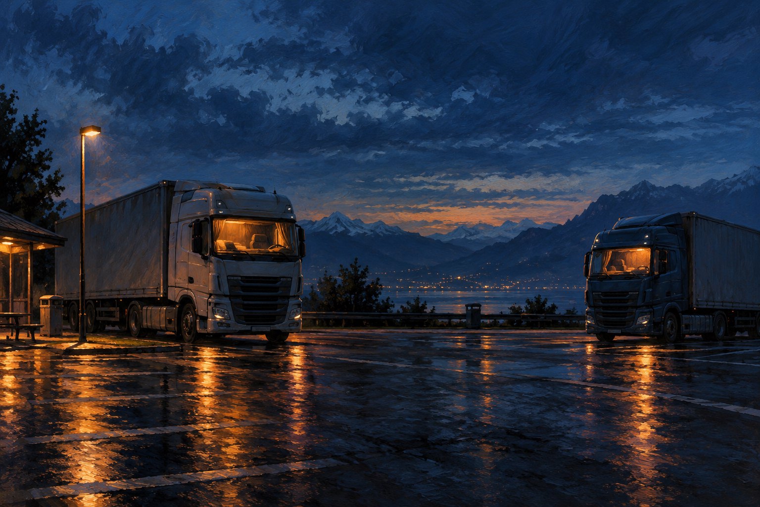 Conceptual illustration of two freight trucks with warmly lit cabs parked apart on wet pavement beneath a blue evening sky.