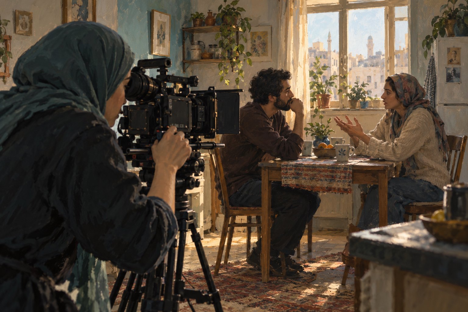 Conceptual illustration of a filmmaker in a teal hijab operating a cinema camera while two performers share a quiet conversation at a kitchen table.