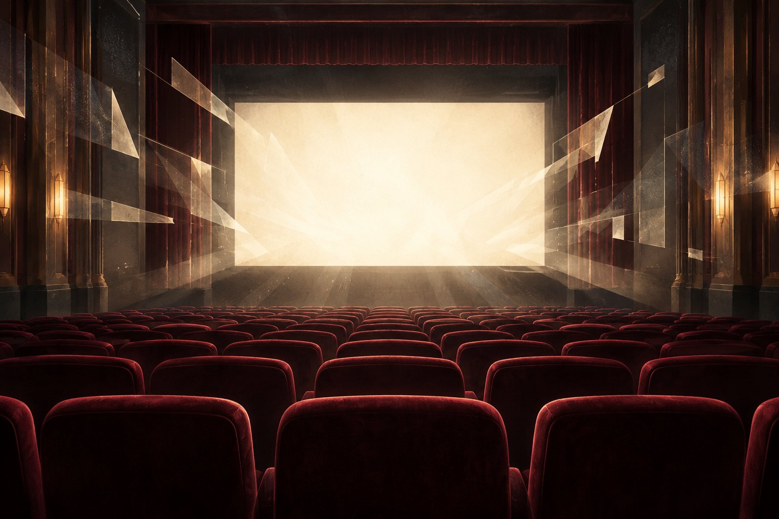Conceptual illustration of burgundy theater seats facing a luminous blank screen with angular beams of golden light.