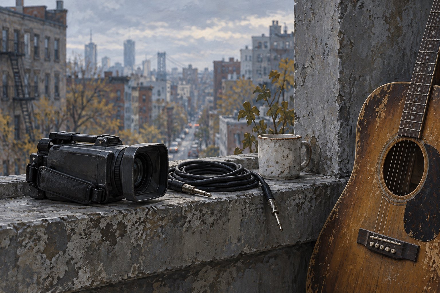 Conceptual illustration of a video camera, coiled cable, mug, and worn guitar on a concrete ledge overlooking a city neighborhood.