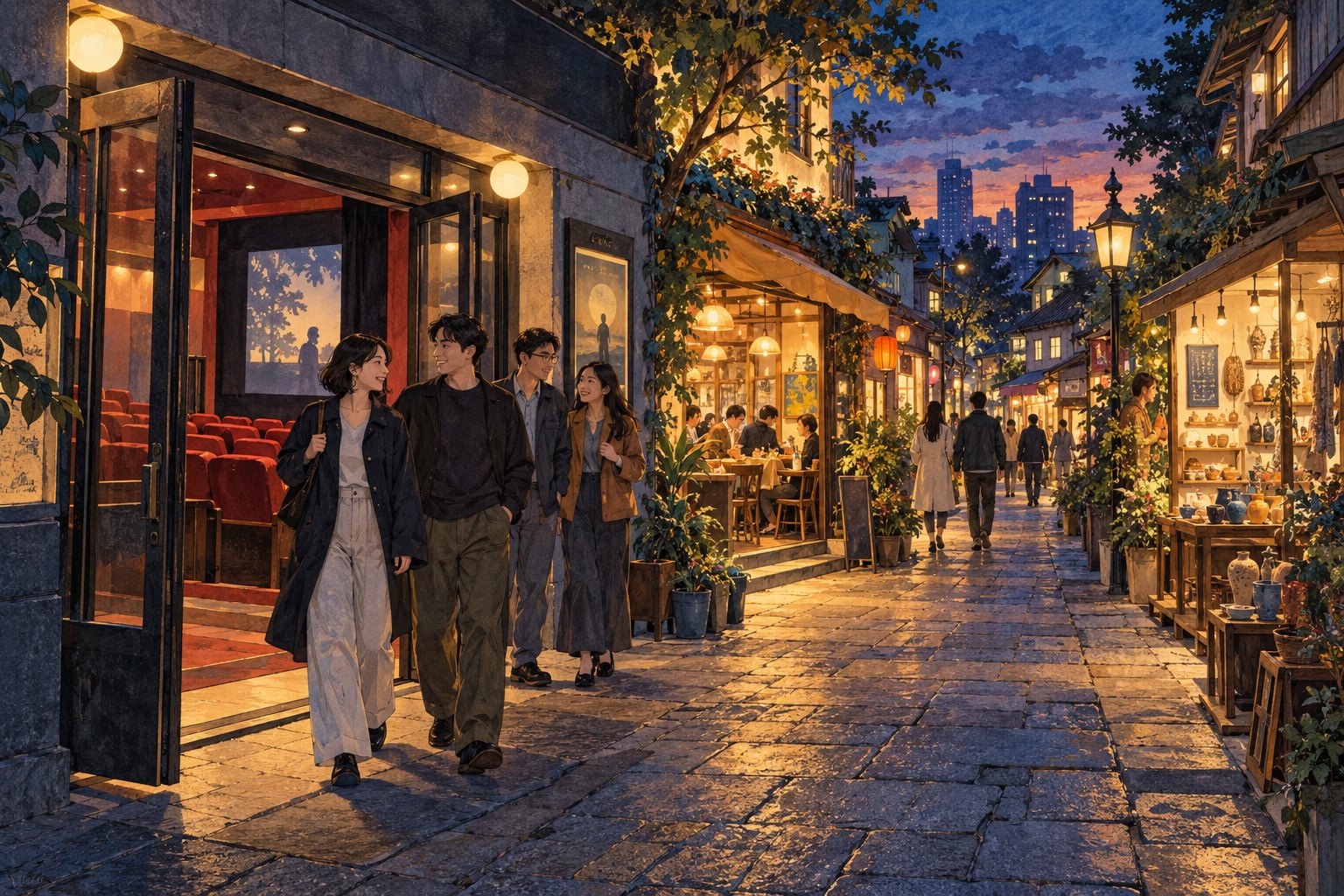 暮色中,观众走出影院,沿石板街巷前往亮着暖灯的餐馆和手工艺小店的概念插画