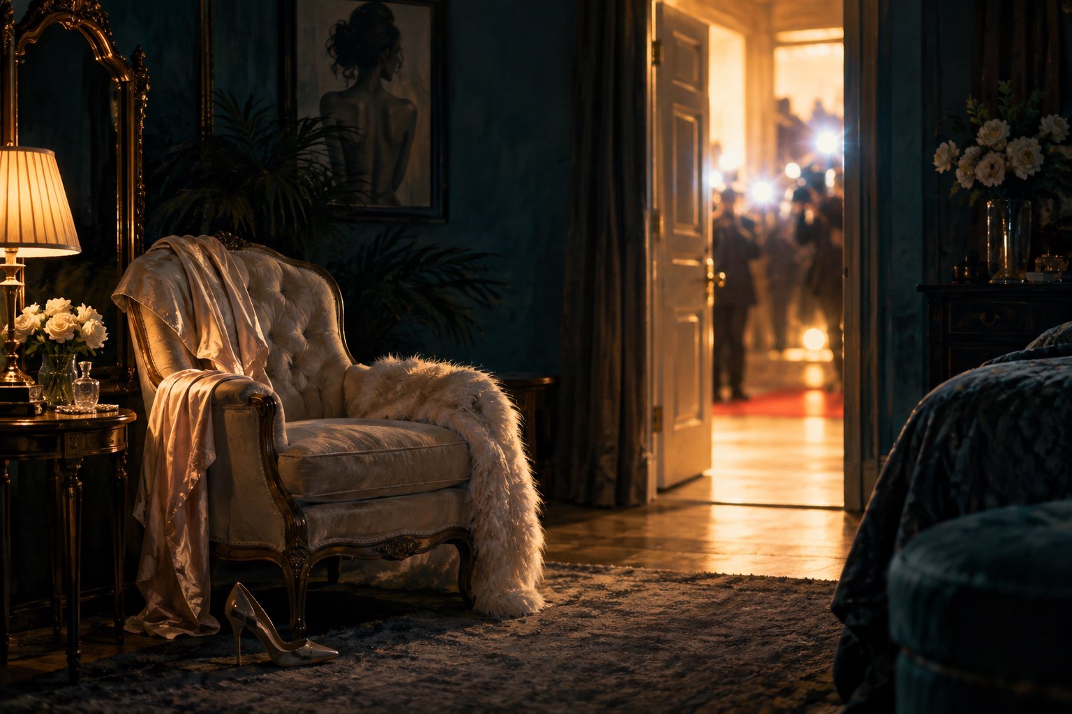 Conceptual illustration of an empty upholstered chair in a shadowy room facing a bright doorway filled with distant camera flashes.