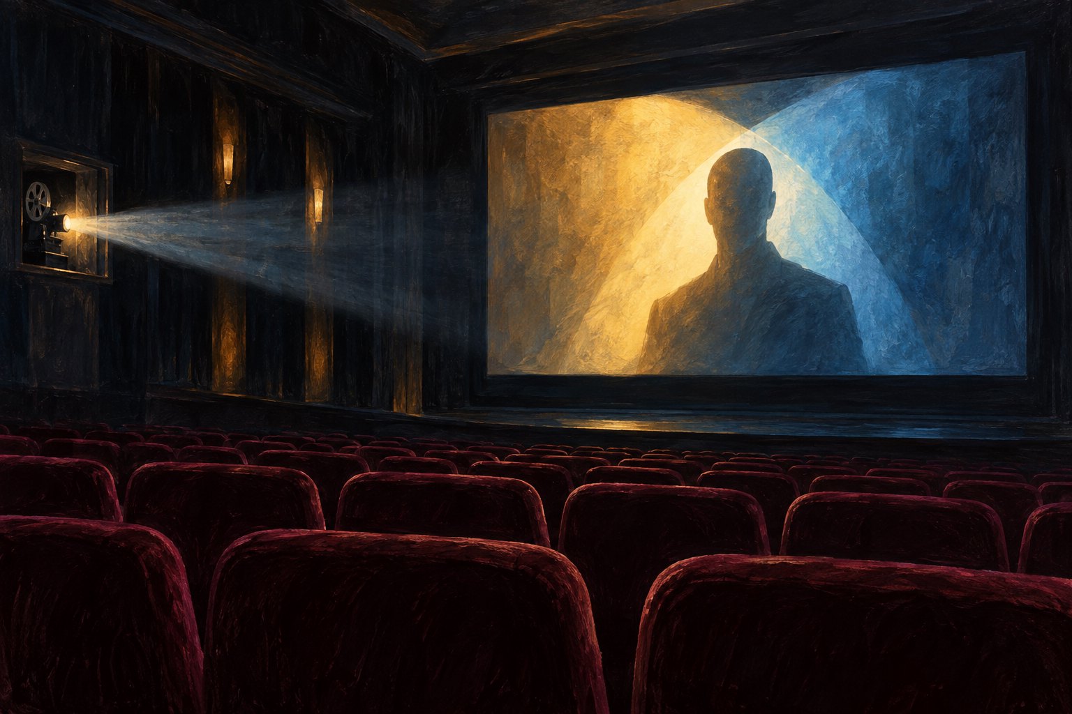 Conceptual illustration of an empty movie theater with a human silhouette divided by gold and blue light on the screen.
