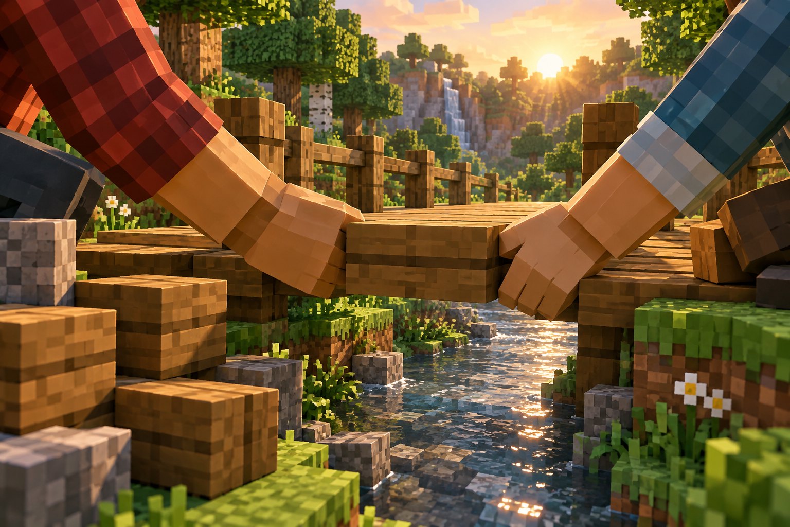 Concept illustration of two builders placing a wooden block into a footbridge over a forest stream.