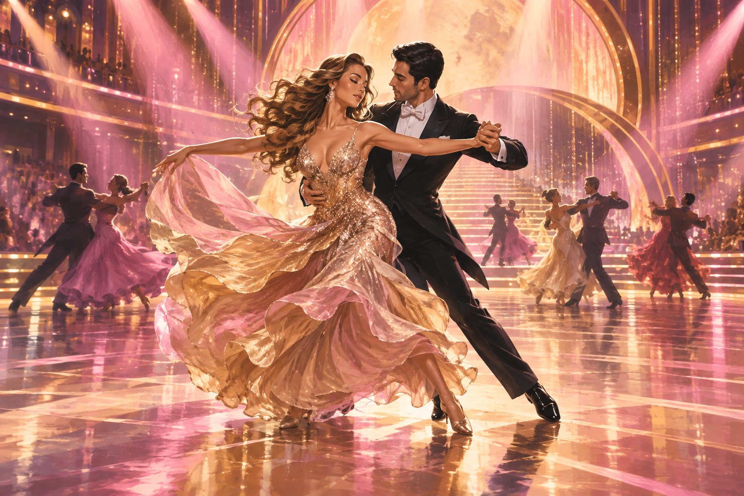 Painterly illustration of a ballroom couple dancing beneath pink and gold spotlights, with other couples in the background.