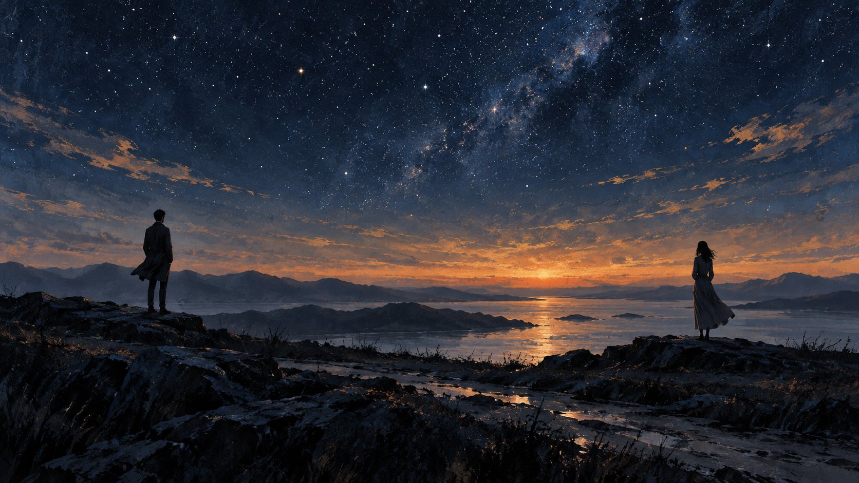 兩名成人身影隔著遼闊地景遙望星空與暮光，象徵時間與情感距離的概念插畫，非電影劇照
