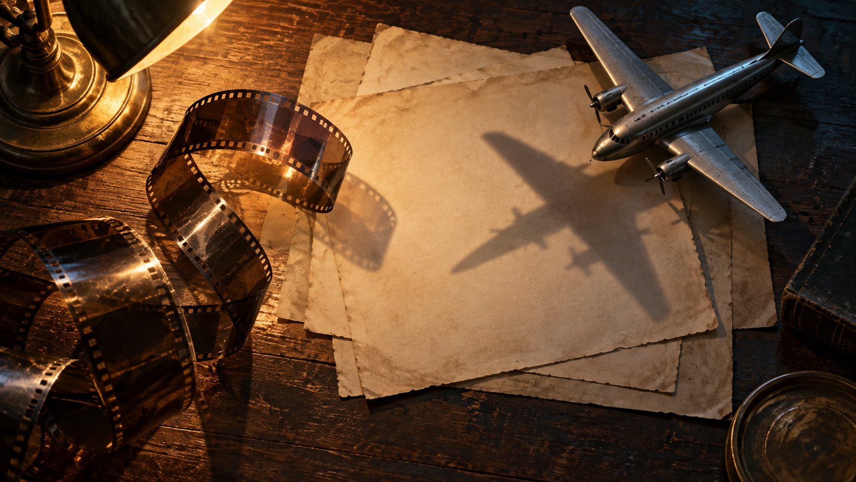 空白舊紙、捲曲底片與客機模型散置桌面,象徵歷史記憶轉化為電影敘事的概念插畫