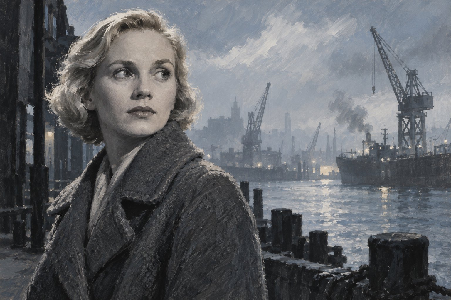 Painterly portrait of a young Eva Marie Saint in a wool coat beside a misty industrial harbor.