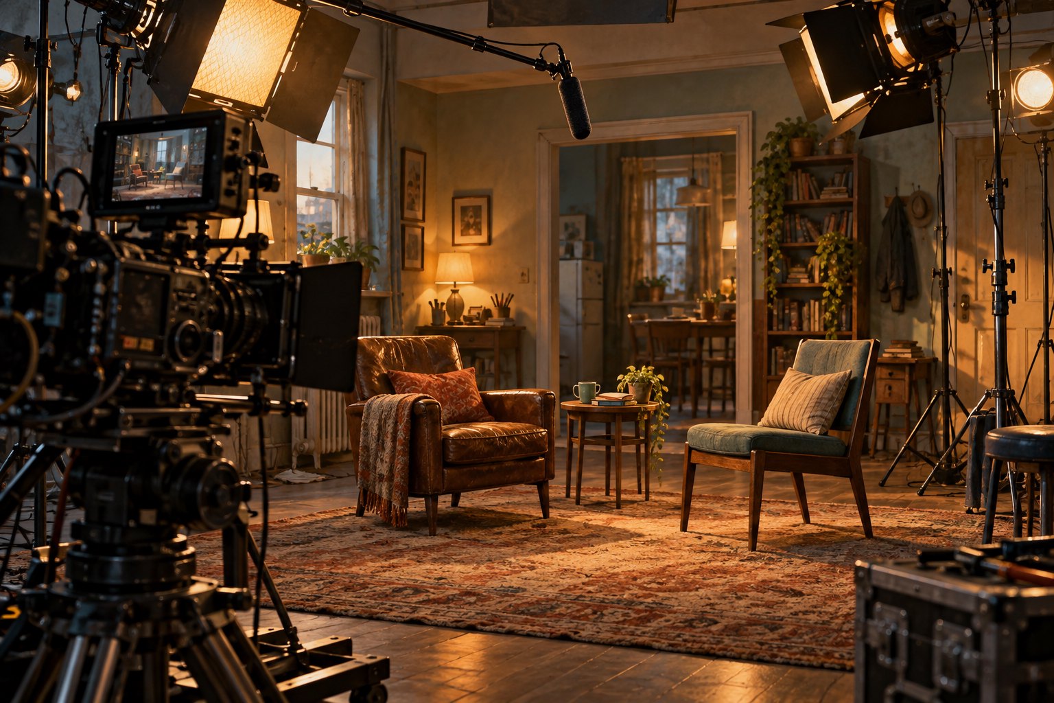 Conceptual illustration of two mismatched chairs on an apartment film set surrounded by a cinema camera, boom microphone, and studio lights.