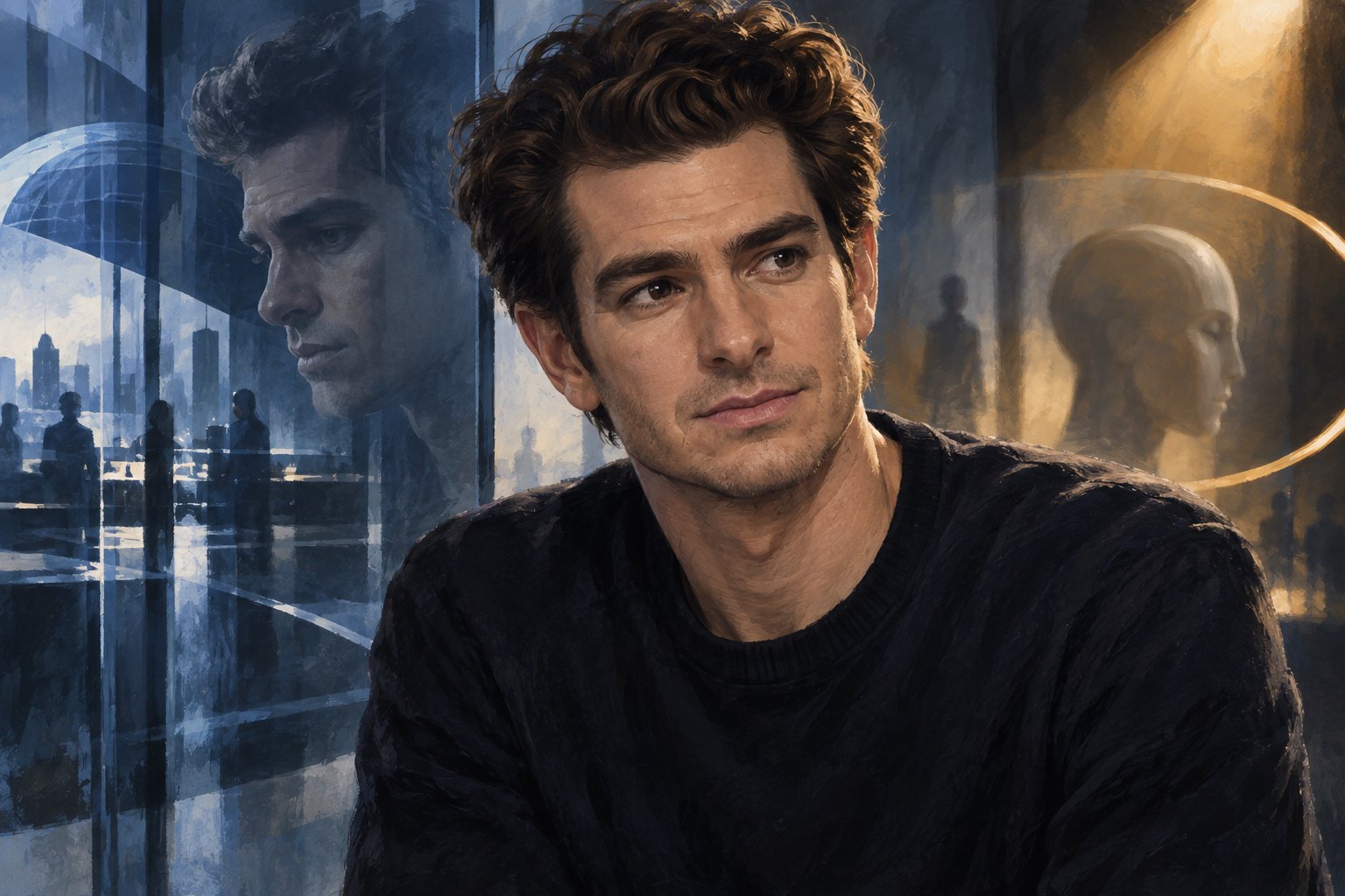 Painterly portrait of Andrew Garfield in a dark sweater, surrounded by blue glass reflections and warm amber light.