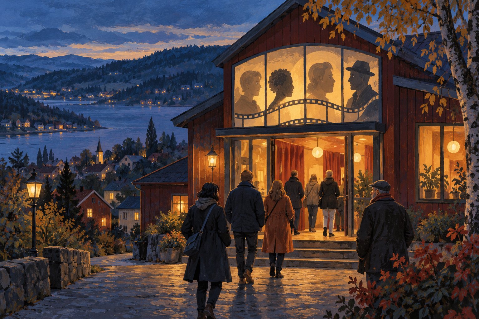 Conceptual illustration of visitors approaching a warmly lit cinema in an imagined Norwegian hillside town at dusk.