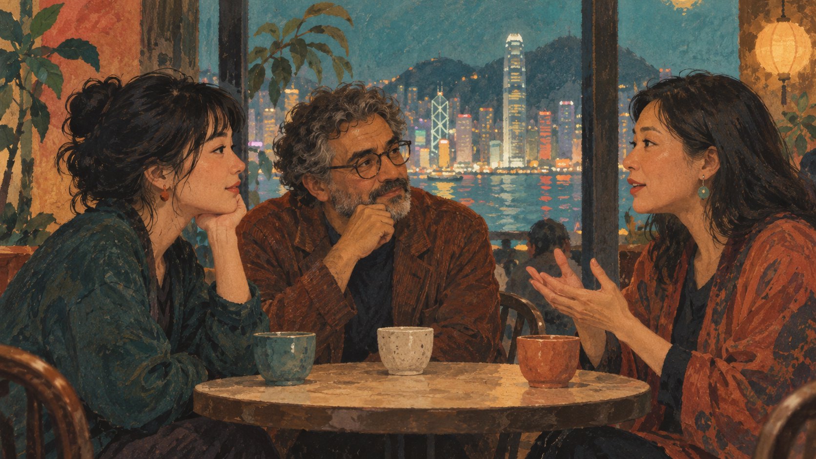 三名不同年齡的觀眾在咖啡館交流觀影感受,窗外映著城市燈光的概念插畫