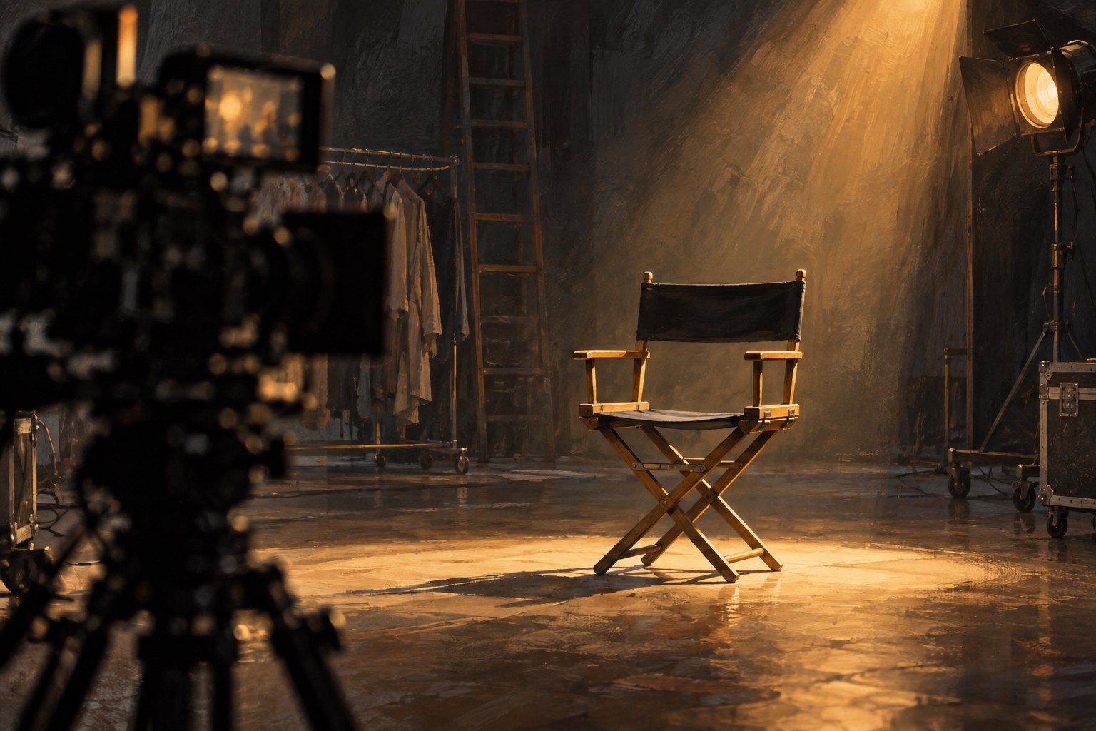 Conceptual illustration of an empty actor’s chair under a warm spotlight on a dark soundstage, with a blurred camera in the foreground.