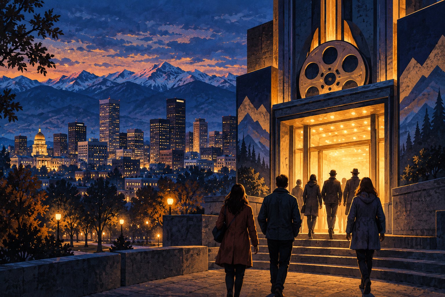 Conceptual illustration of moviegoers entering a glowing cinema above a stylized Denver skyline and mountain backdrop at dusk.