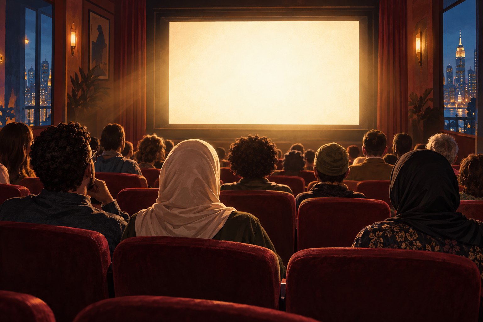 Conceptual illustration of a diverse audience facing a glowing blank cinema screen with New York buildings visible through side windows.