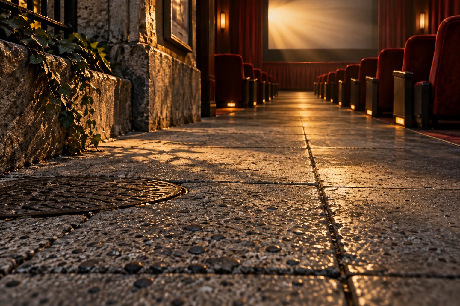 Conceptual illustration of a weathered concrete sidewalk merging into a small cinema with red seats and warm projector light.