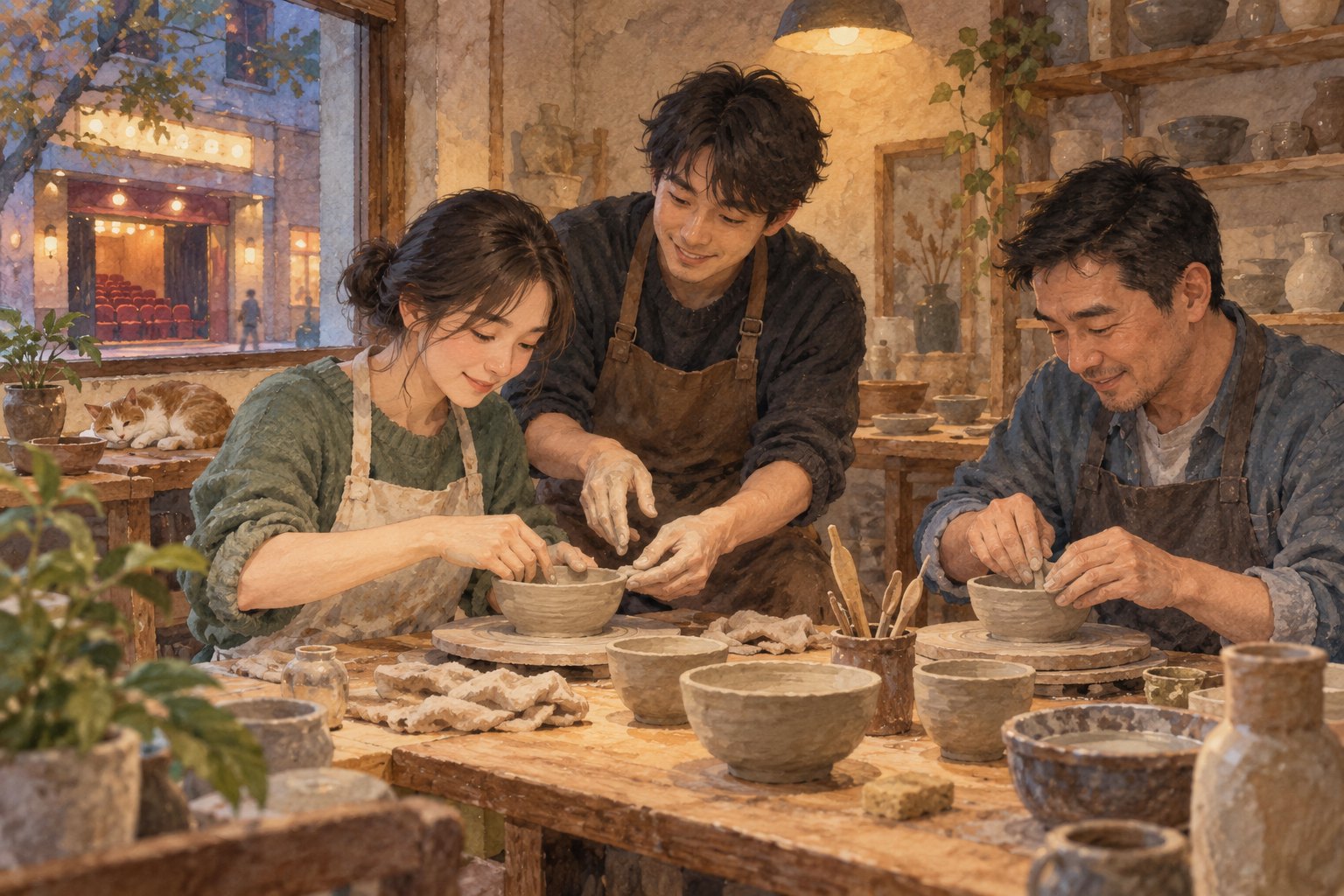 县城陶艺作坊里,店主指导居民制作陶碗,窗外可见影院灯光的概念插画