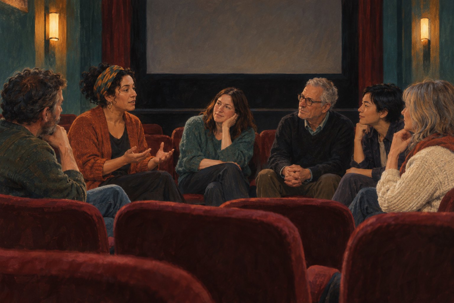 Conceptual illustration of adults listening to a woman during an imagined discussion in a small screening room.