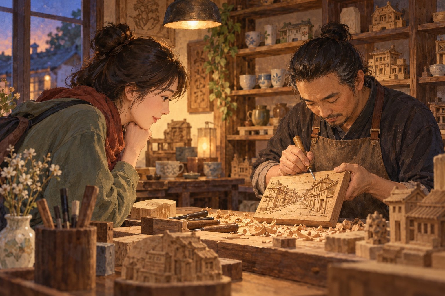 游客在手工艺小店观看工匠雕刻老街建筑木雕的概念插画