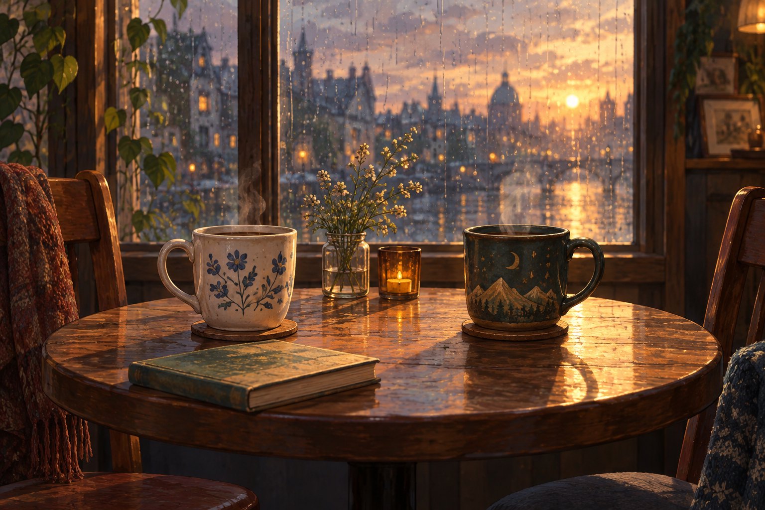 Conceptual illustration of two ceramic cups on a cafe table beside a rain-streaked window, suggesting a conversation between friends.
