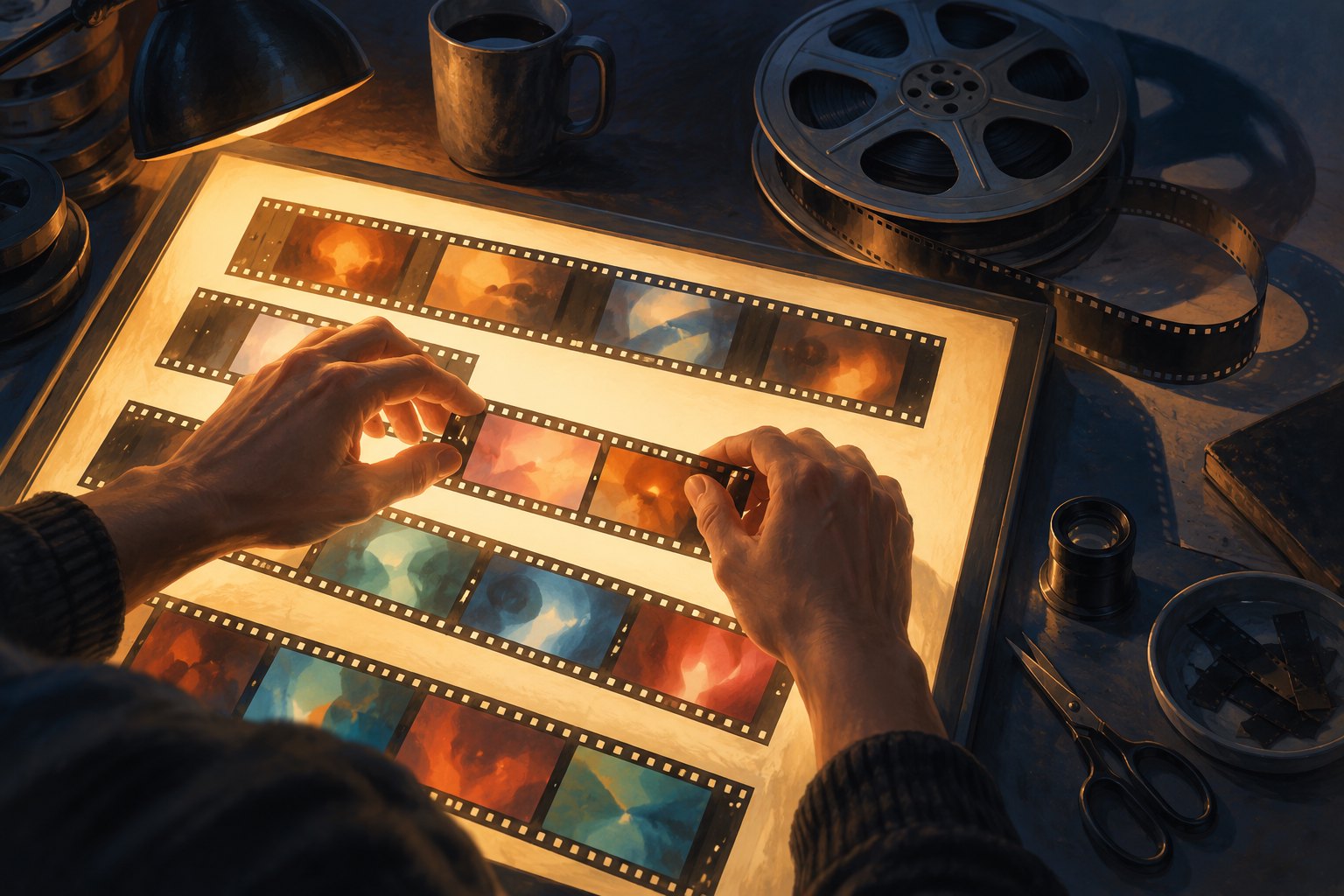 Conceptual illustration of hands arranging film strips with abstract colored images on an illuminated editing table.