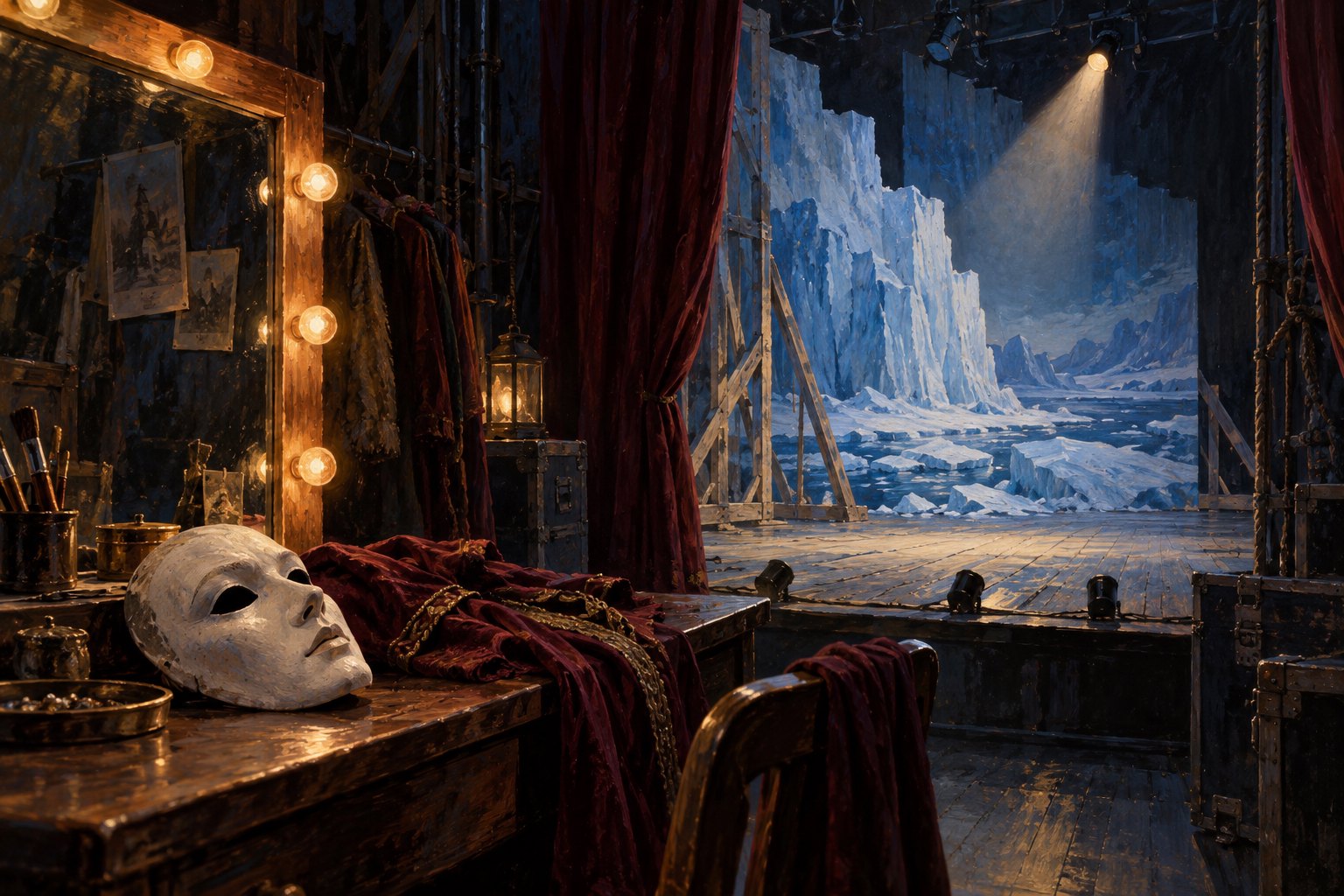 Conceptual backstage illustration of a theatrical mask and burgundy costume beside a stage dressed with artificial ice scenery.