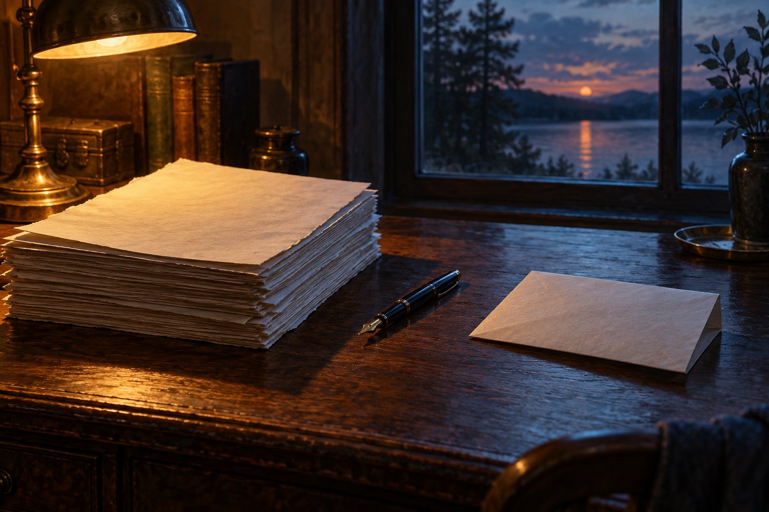 Conceptual illustration of blank manuscript pages and a folded letter on a desk overlooking a lake at dusk.