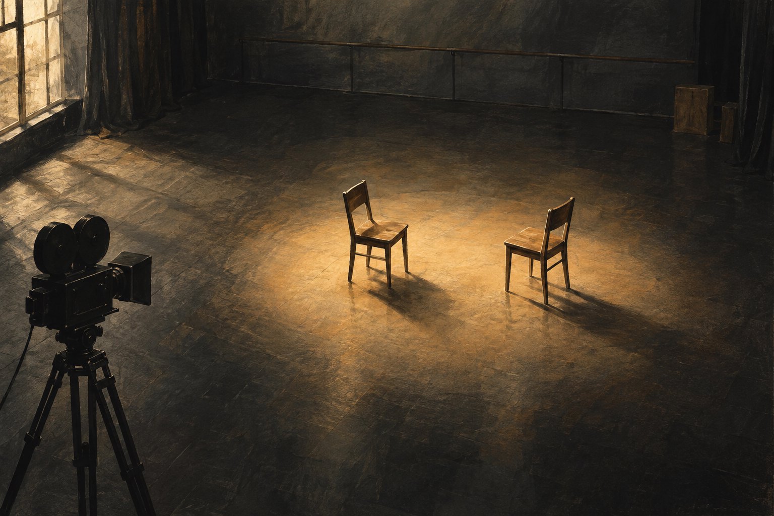 Conceptual illustration of two empty wooden chairs facing each other under warm studio light, with a movie camera in the foreground.