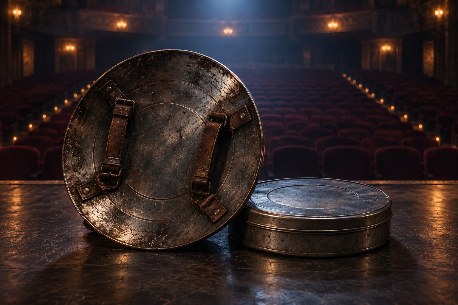 A battered circular shield and a closed film canister rest on a stage facing an empty movie theater.