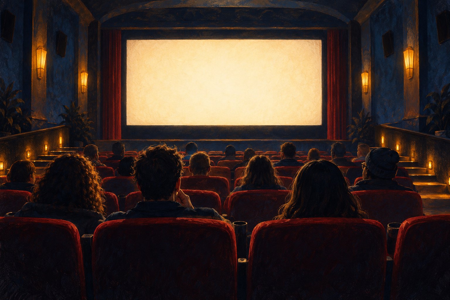 Painterly illustration of an audience facing a glowing blank movie screen in a theater with amber aisle lights.