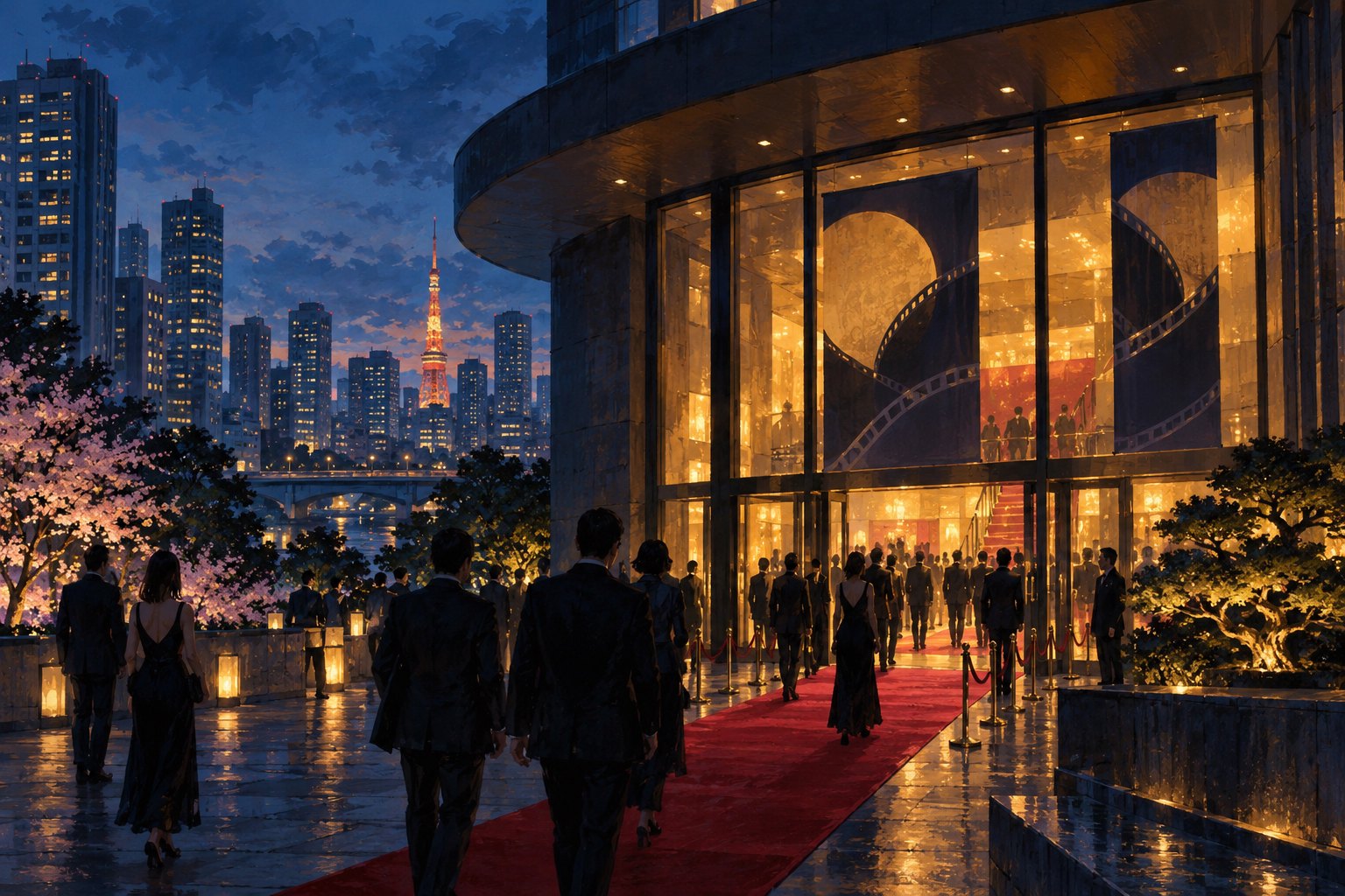 Conceptual illustration of moviegoers approaching a warmly lit fictional Tokyo cinema at dusk.