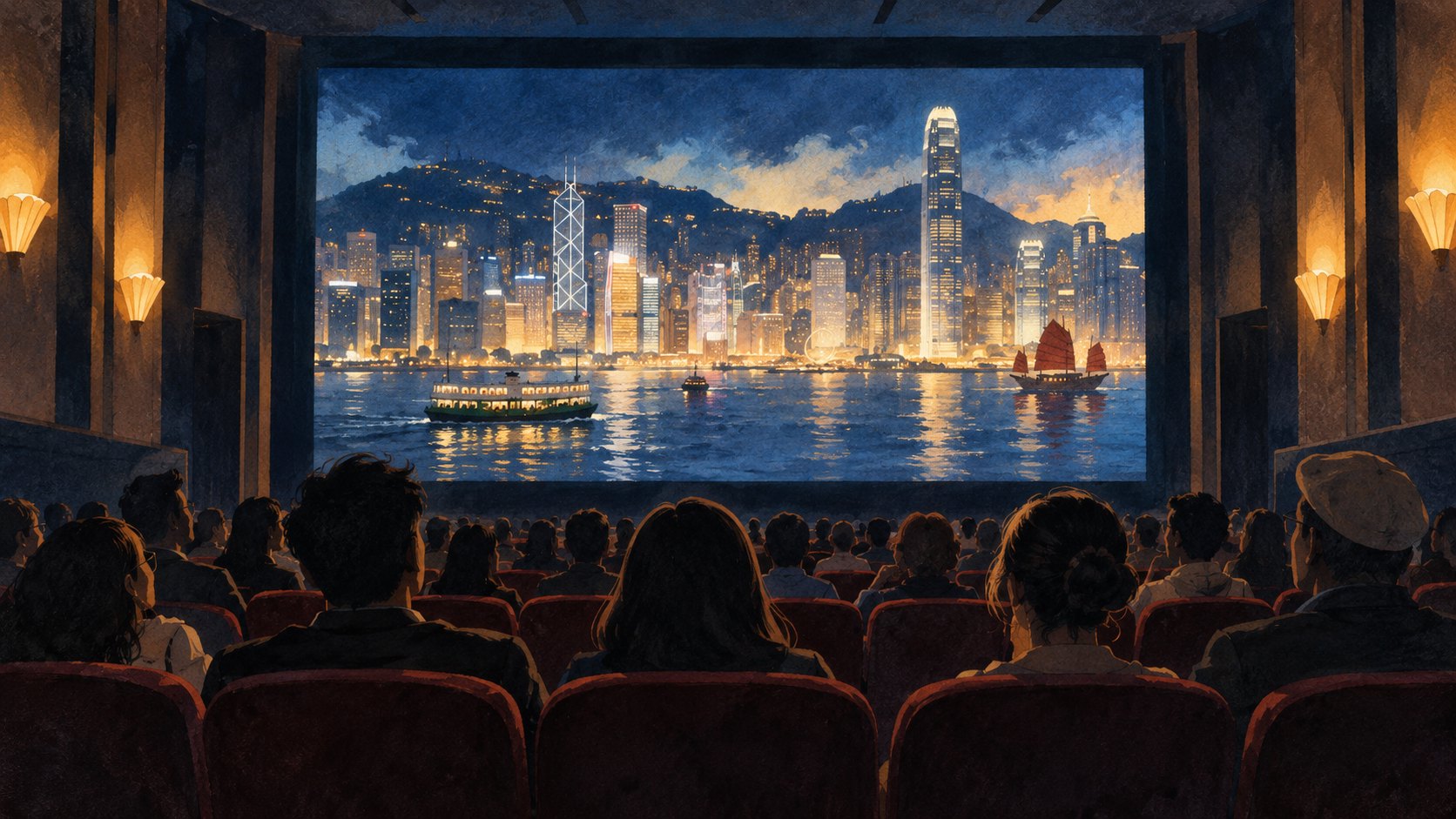 觀眾坐在戲院中凝望銀幕上的香港海港意象,呈現跨地域觀影主題的概念插畫